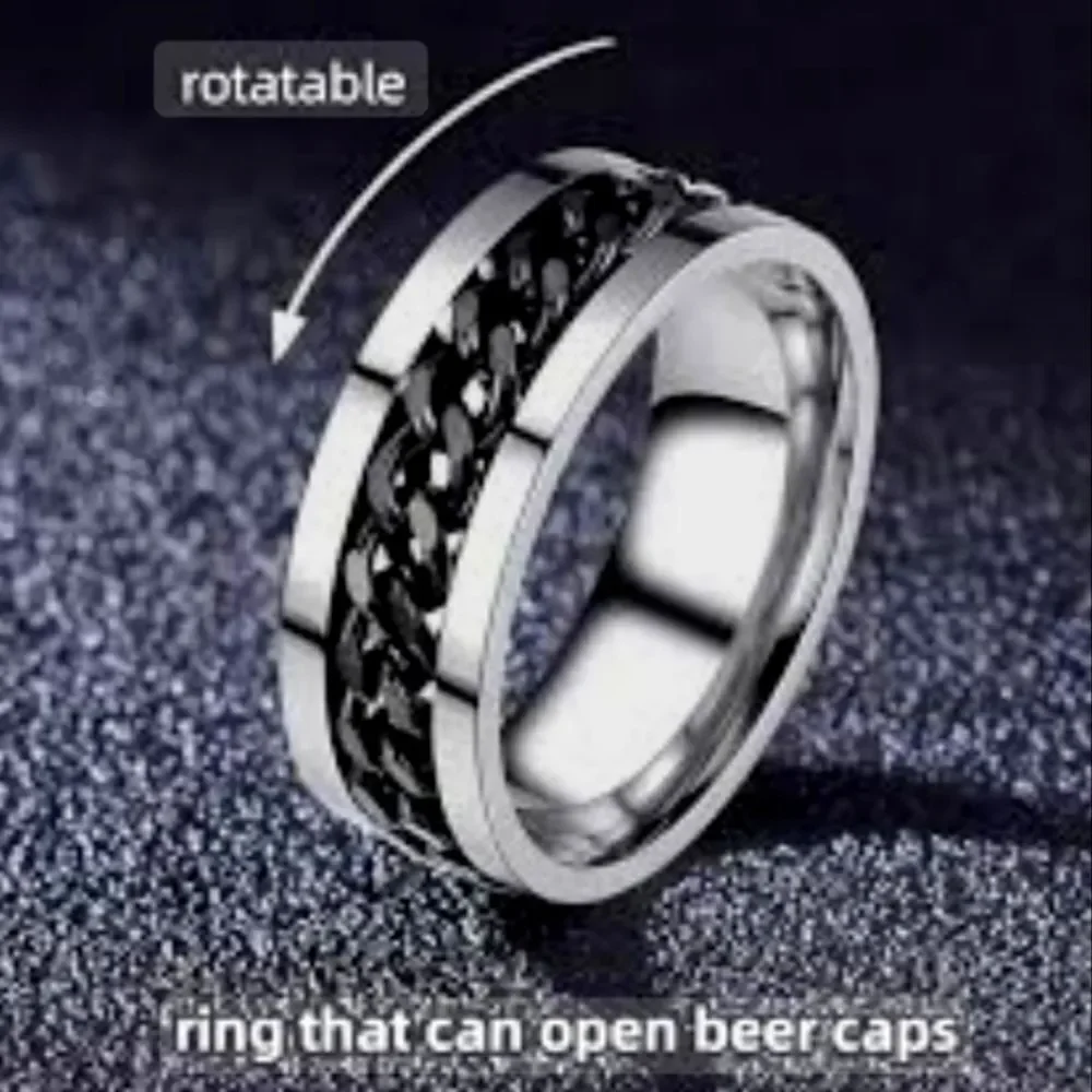 Men's or Women's Polished Silver Titanium Ring with Black Spinner  Chain